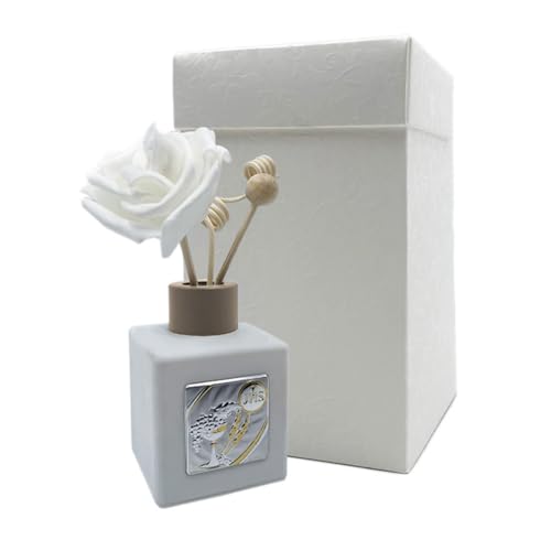VIRSUS 10 Bomboniere per Comunione in Ceramica Cubo Profumatore, Misura 6x6x8,5 cm, Colore Bianco con Placca Silver, Bastoncini in Legno con Forme Diverse, Regalo per Invitati -799M