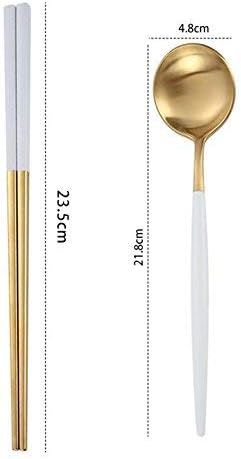 MBB 2 Pairs of Chopsticks & 2 Spoons Flatware set Dinner Stainless Steel - White Gold - Image 4