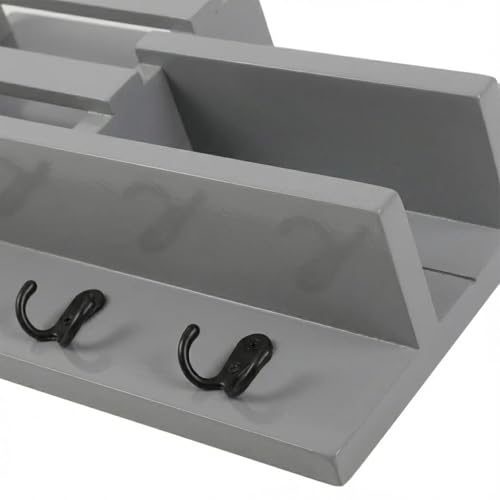 Image of Key Holder for Wall with Mail Shelf & 4 Hooks | Engineered Wood (Grey, Elegant Mail Organizer - 35.5 x 9 x 23 cm)