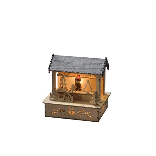 Konstsmide 2823-100 LED Holzsilhouette 'Marktstand mit grauem Dach' / für Innen (IP20) / 3 warm weiße Dioden / Batteriebetrieben: 3 x AA 1.5V (exkl.), klein, Grau