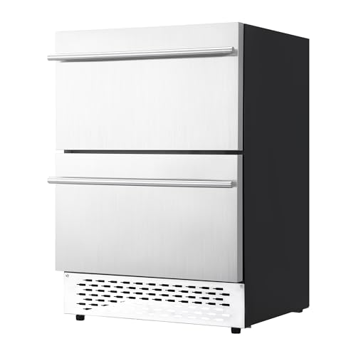 24 Inch Dual Zone Beverage Refrigerator, 95 Cans Freestanding/Built-In Refrigerator with Dual Compartments 34°F-65°F Adjustable, Stainless Steel Weatherproof Construction for Indoor/Outdoor and RV Use