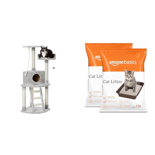 amazon basics, Cat Tree with Platform, Grey,1 Piece,X-Large & amazon basics, Scoopable Bentonite Cat Litter, Unscented, 5Kg Pack of 2