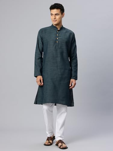 Image of Majestic Man Men's Cotton Regular Fit Traditional Mandarin Collar Ethnic Motifs Solid Long Kurta