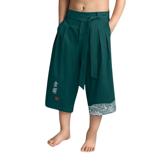 Boys Linen Capris Pants Kids Cute Summer Cotton Japanese Pants Tween Wide Leg Baggy Bermuda Breathable Trousers Drawstring