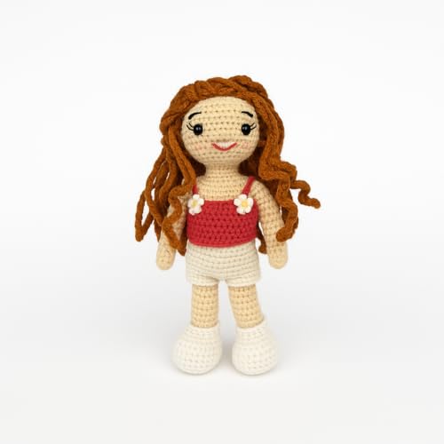 Image of Sutra Handmade Crochet Doll in Red Floral Top & White Skirt | Wool Amigurumi Soft Toy | Handmade Gift for Kids, Nursery & Home Decor