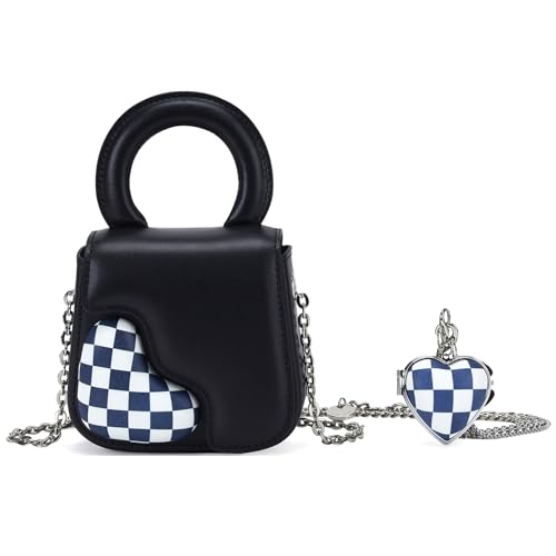LA'FESTIN Mini Crossbody Bag for Women, Heart-Shape Genuine Leather Top-Handle Handbag with Heart-shape Mirrors & Long Chain Strap (Black)