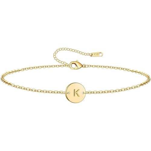 Personalized Initial Bracelet, 18K Gold Plated Stainless Steel Letter K Bracelet Dainty Coin Charm...