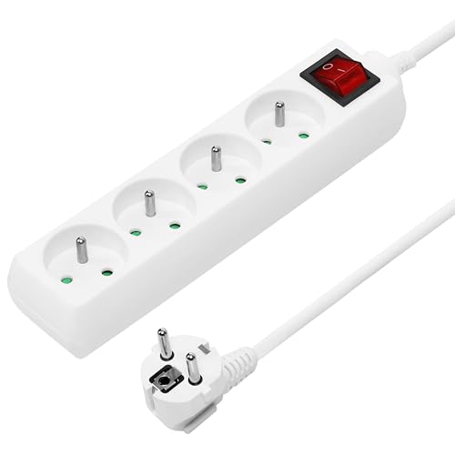 PremiumCord Multiprise avec Interrupteur Secteur 2m, 4 Prises, Rallonge 230V, 4 Prises Françaises Tournées à 45°, Multiprise de Qualité avec Sécurité...