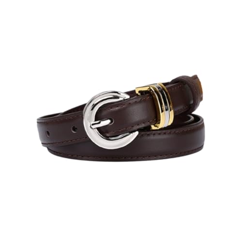 Women Stitched Skinny Leather Belt 18mm Thin Waist Strap with Bright Silver Circular Buckle for Jeans Pants Dress