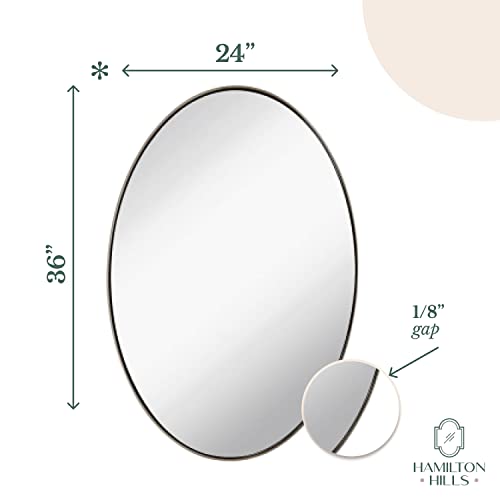 Hamilton Hills 24" X 36" Large Silver Oval Mirror Brushed Metal Framed | Contemporary Classic Deep Set Design | Wall Mount Half Circle Mirror For Home Decor | Vanity Mirror For Bathroom And Bedroom #TOP2