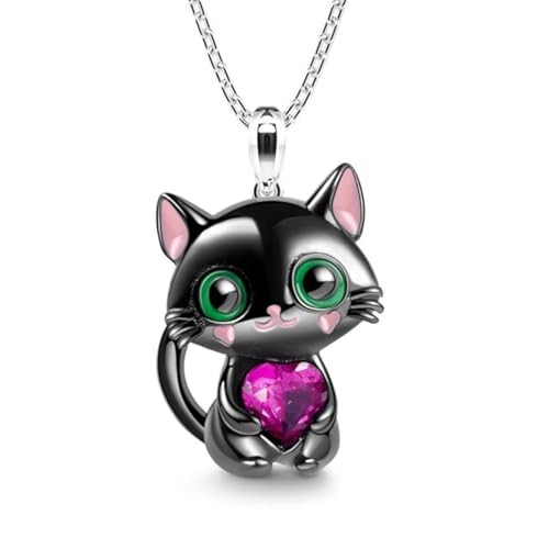 CASOLVX Cat Necklace Heart Rhinestone Cute Black Cats