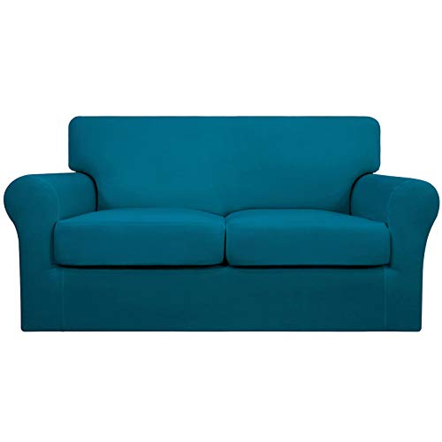 Image of Easy-Going 3 Pieces Stretch Loveseat Couch Cover for 2 Cushion Washable | Sofa Slipcover for Stretch 2 Separate Sectional Cushion Couch - Furniture Protector for Pets, Kids Peacock Blue