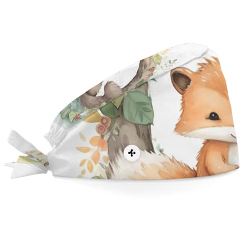 Mularoka Watercolor Wreath Foxes Working Caps with Button Sweatband Comfortable Adjustable Bouffant Hats Work Hat for Women Men