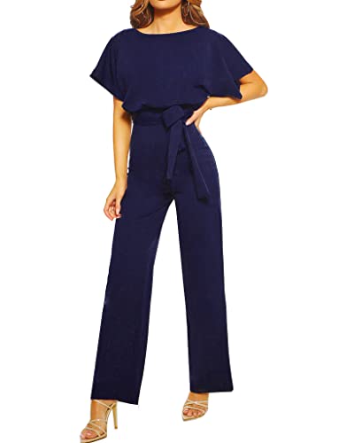 Walant Femmes Combinaison Manches Courtes Col Rond Couleur Unie Barboteuse Jumpsuit D'été Chic Élégant Slim Pantalon Loose Casual Combishort avec Ceinture, Bleu...