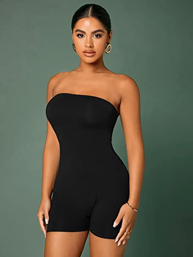 Verdusa Women's Strapless Open Back Short Jumpsuit Unitard Bodycon Tube Romper Black Xs #TOP2