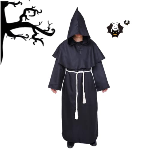 Monje Sacerdote Túnica de Robe para Medieval Renacimiento Trajes de Vampiros,Disfraz de Gótico cosplay con Cruz para Halloween Carnaval Disfraces con Capucha para Hombre(Negro,XXL) Cover