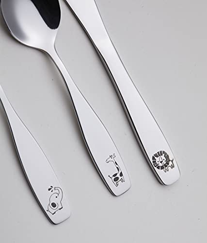 Exzact Kinderbesteck 6 Stück Edelstahl 18/10 Kinderbesteck Kleinkind Besteck Besteck – 2 x Gabeln, 2 x Safe Dinner Messer, 2 x Dinner Löffel – Safari Giraffe Elefant Löwe