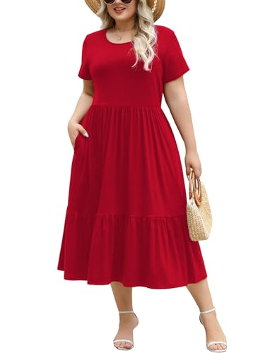 Younrui Red Plus Size Dresses for Curvy Women Crewneck Short