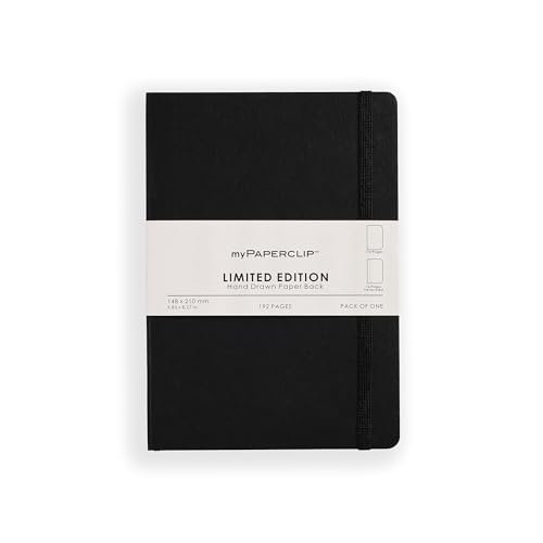 Image of myPAPERCLIP Limited Edition A5 Plain /Unruled Notebook | 192 Pages, 100 GSM, Soft Cover, A5 (5 .83 x 8.27 in) | Flat Lay Design | Bookmark, Elastic Closure | Black