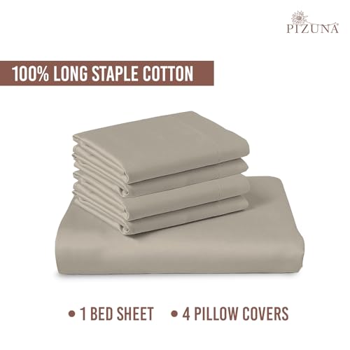 Image of Pizuna 100% Cotton Bedsheet Super King Size Simply Taupe, 400 Thread Count Long Staple Combed Cotton Flat Bedsheets 108x108 Inches with 4 Pillow Covers, Bed Sheet for Super King Size Bed