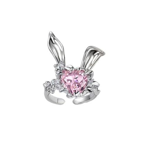 Heart-Shaped Bunny Ring for Women Pink CZ Rabbit Crystal Finger Adjustable Engagement Wedding April Birthstone Cute Rabbits Graduation Promise Ring Comfort Fit Band Fashion Jewelry for Daughters Mom