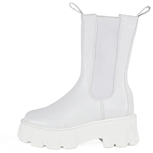 Readysalted Women's Mid Calf Chunky Sole Platform Chelsea Slip On Fashion Cleated High Ankle Boots(Rota18-Wh,Us8) #TOP3