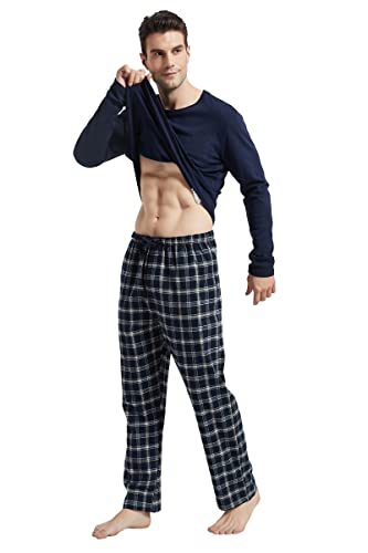 amaxer Men's 100% Cotton Pajama Set Flannel Plaid Pants Crew Neck Top Long Sleeves Pjs Elastic High Waist Sleepwear4