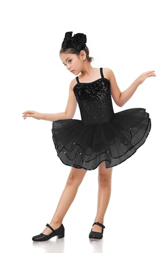 Enchanta Olivia Little Girls Sequin Leotard Dress Costumes with Sparkly Strap. Ballet Leotards Tutu Dress Ballerina Outfit Dance Costume for Kids Black