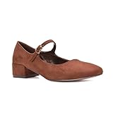Women's Low Heel Court Shoes Ladies Brown Faux Suede Mary Jane Adjustable Buckle Strap Working Evening Shoes Size 8