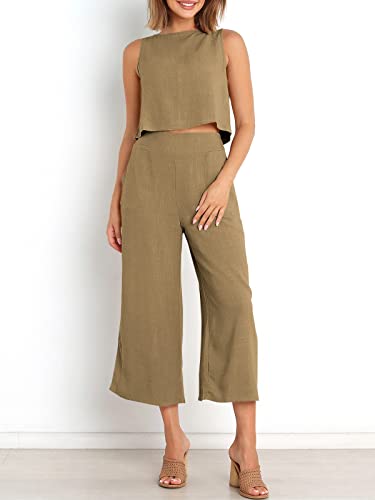 Image of ANRABESS Women's Summer 2 Piece Outfits Sleeveless Tank Crop Button Back Top Cropped Wide Leg Pants Set Pockets