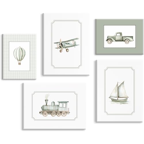 Sage Green Nursery Wall Art Boys Room Canvas Poster Kids Wall Decor Vintage Vehicle Prints Baby Toddler Pictures Transportation Plane Painting Train Truck Artwork for Bedroom 8x10 Inch Ready to Hang