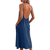 AMXYFBK Summer Dresses for Women Linen Sleeveless Spaghetti Strap Sundress Fashion Backless Cami Solid Color Pocket Beach Dress Boho Maternity Dress