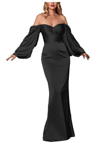 Women's Off Shoulder Satin Prom Dresses Long Sleeve Mermaid Long Formal Evening Gowns with Slit
