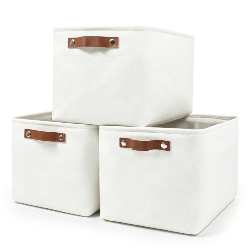 Bagnizer Storage Bins Large Fabric Storage Baskets for Shelves 3 Pack, Decorative Linen Closet Baskets with Handles for Organizing, Shelf, Clothes, Home, Office, 15x11x9.5Inches (White)