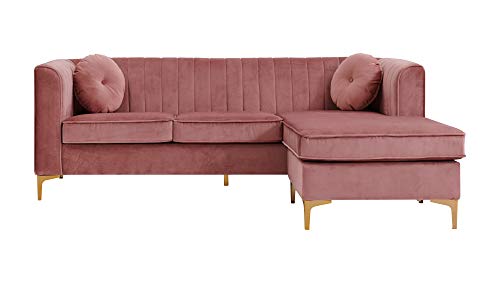 Iconic Home Brasilia Modular Chaise Sectional Sofa Velvet Upholstered Vertical Channel Quilted Seat Back Solid Gold Tone Metal Y-Legs With 2 Throw Pillows Modern Contemporary, Blush #TOP2