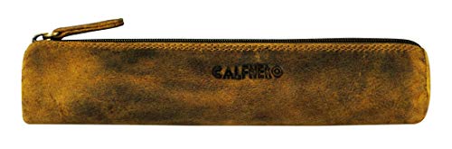 Image of Calfnero Genuine Leather Pen-Case for Men & Women | Premium Hunter Leather Pencil-Pouch with Zipper | Cylindrical Pen-Holder Organizer for Pen, Pencils & Stationery | Unisex Pen-Sleeve