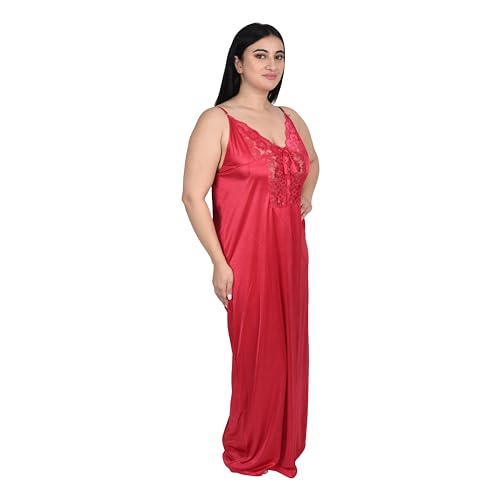 Image of Women Satin Solid Nightwear Maxi Set Nighty with Net Sleep Robe for Women, Dark Pink