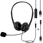 USB Headset for PC Laptop Phone, 3.5mm / USB / Type-C Jack 3-In-1 Wired Headphones with Noise Cancelling Mic & Audio Controls, Adjustable Headband Headset for Call Centers, Home Office, Online Chat