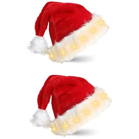 JIGUOOR Christmas Hat, LED Lights 2 Pack Santa Hats Adult, Unisex Plush Xmas Hat Christmas Party Supplies Christmas New Year Decorations Cover