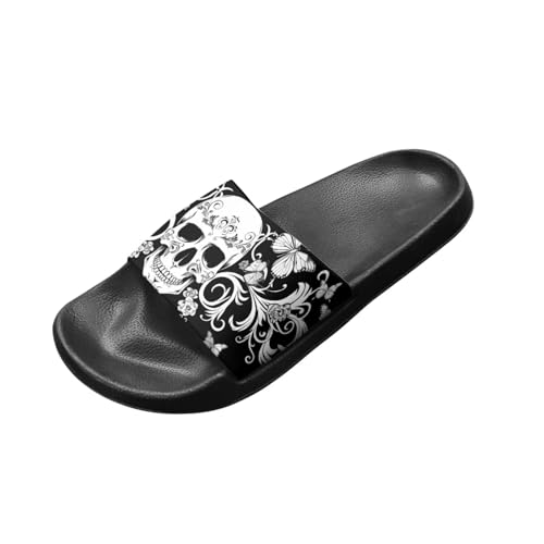 Binienty Gothic Skull Slides Sandals for Men Women Indoor Outdoor Slip on Walking Slippers Breathable Wide Width Quick Drying Shower Shoe Fashion One Slide Sandals, US 8