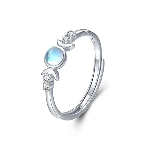 CUOKA MIRACLE Triple Goddess Ring - 925 Sterling Silver Moon Goddess Ring With Synthetic Moonstone and Cubic Zirconia - Adjustable Wedding Band