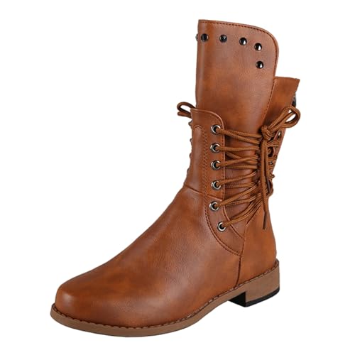 Botas de moto con punta redonda de tacón bajo para mujer de gran cintura cremallera botas vaquero cortas cuero vintage chic botas pantorrilla zapatos otoño invierno, marrón, 40 EU