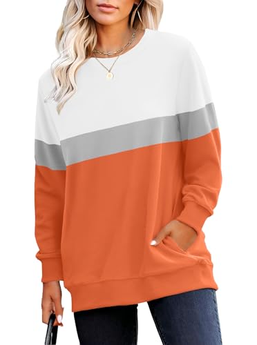 RUMIA Crewneck Fall Sweatshirts for Women Plain Long Sleeve Top with Pocket
