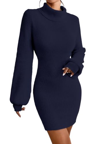 Image of Turtleneck Sweater Dress for Women Lantern Sleeve Mini Bodycon Ribbed Knit Sweater Pullover Short Dresses XS-XXL