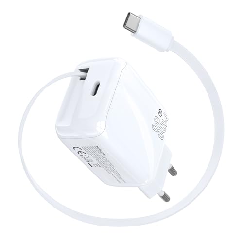 30W USB C Ladegerät Schnellladegerät mit Einziehbares Ladekabel GaN Ladestecker USBC PD 3.0 Power Adapter Dual Port USB C Netzteil für iPhone 17/16/15 Pro Max iPad Pro/Air Galaxy S25/S24/S23 Weiß