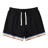 Mens Rainbow Print Drawstring Casual Short Classic Fit Cotton Shorts Flat Front Fashion Trim Short (Black,Large)