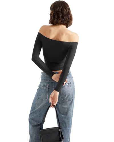 SUUKSESS Women Off Shoulder Double Lined Long Sleeve Shirts Basic Going Out Tops