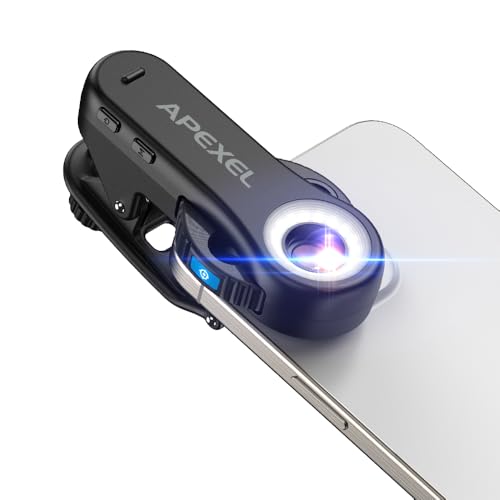 Apexel TriScope - Microscopio 3 in 1 per smartphone, ingrandimento 40X/80X/120X, doppia luce LED e UV, clip universale per iPhone, Android, iPad