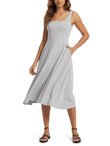 Image of ODODOS Square Neck Midi Dress with Pockets for Women Summer Casual Sleeveless Sundress Flare Tank Dress