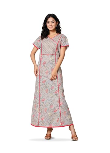 Image of NIHSAMAH Cotton Night Gown for Women - Angrakha Style Nighty, Comfortable Sleepwear /Nightwear /Maxi
